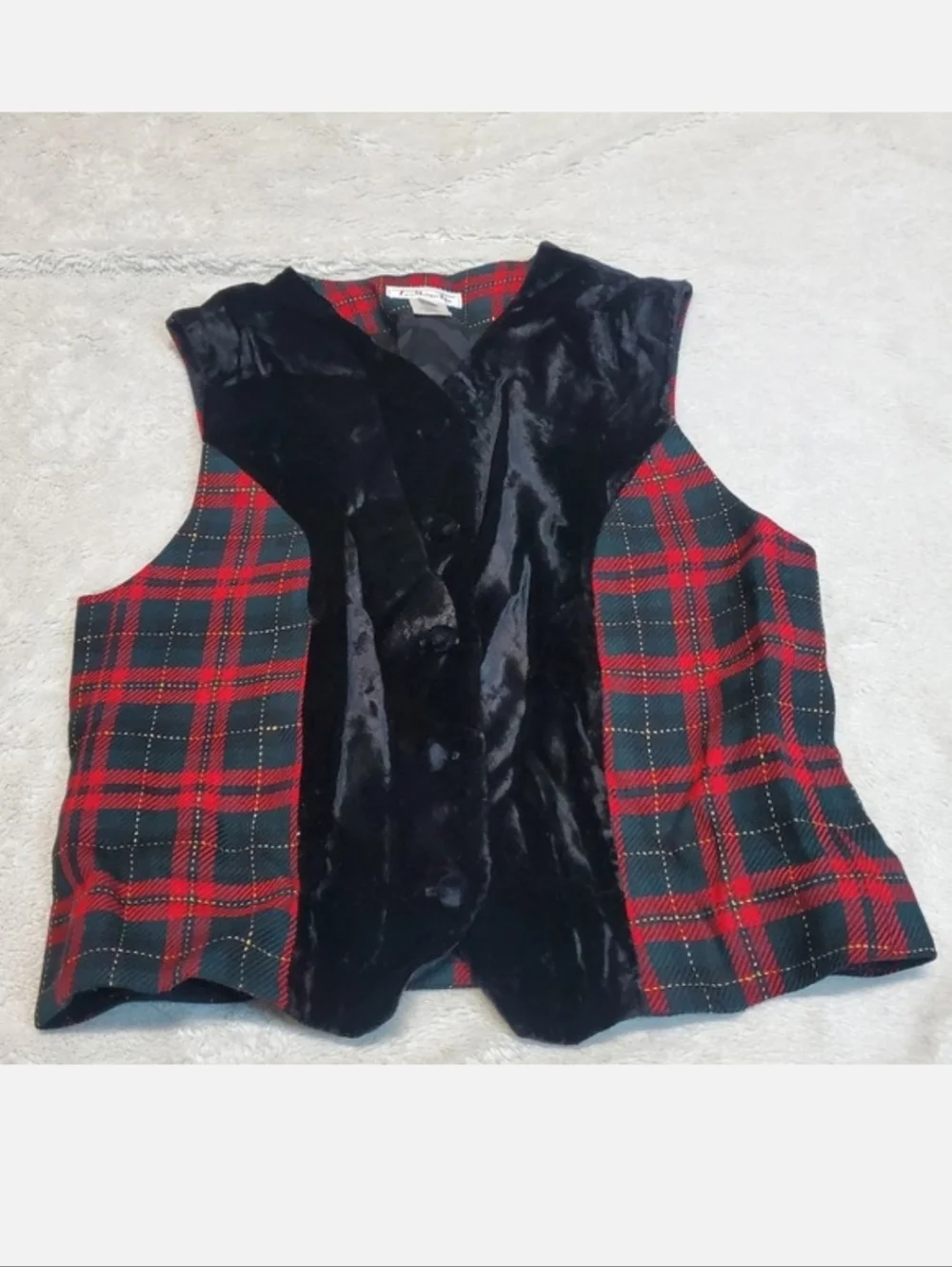 Vintage‎ Talbots Red Green Tartan Plaid Black Velvet Wool Vest 4 Retro Classic
